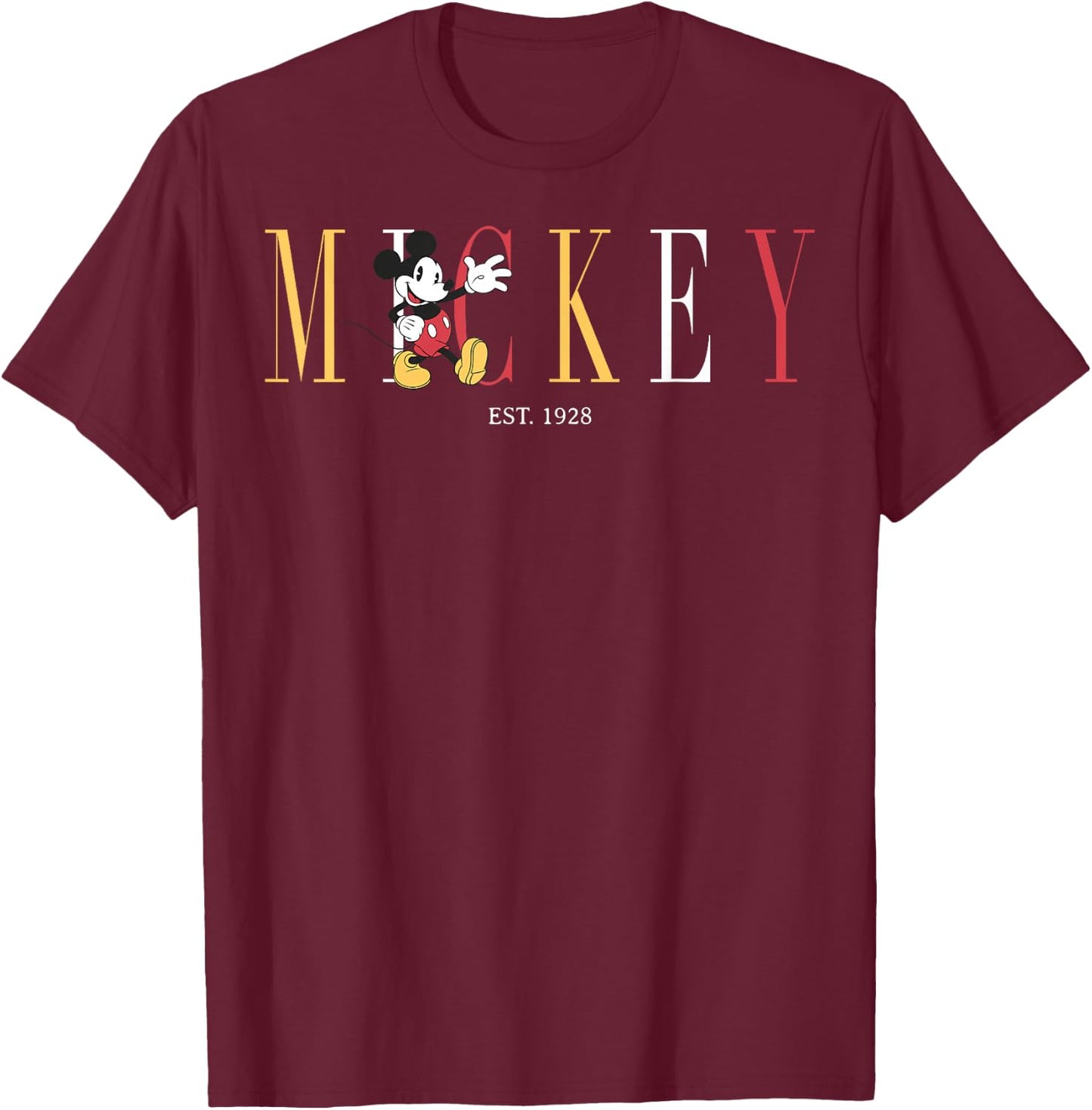 Disney Classic Disney Mickey And Friends Mickey Mouse Est 1928 Simple Text T Shirt, Blue, Small US T-Shirt - T-Shirt | Maroon