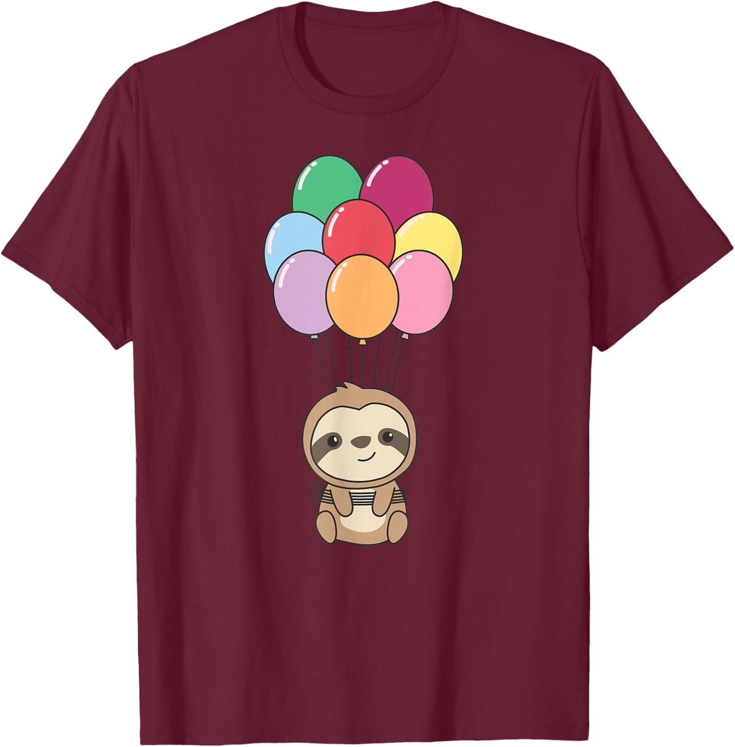 Sloth Flies Up with Colorful Balloons Kawaii Sloths T-Shirt - T-Shirt | Maroon