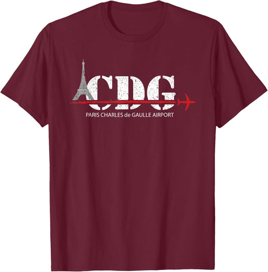 Vintage Paris France CDG Eiffel Tower Airport Code T-Shirt - T-Shirt | Maroon