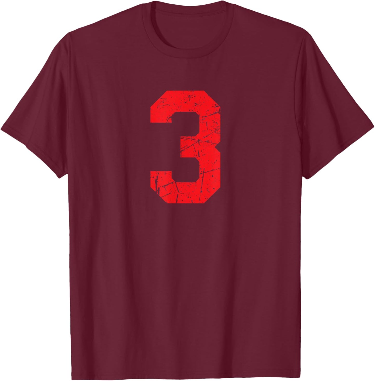 Number #3 Sport Red Distressed Number T-Shirt - T-Shirt | Maroon