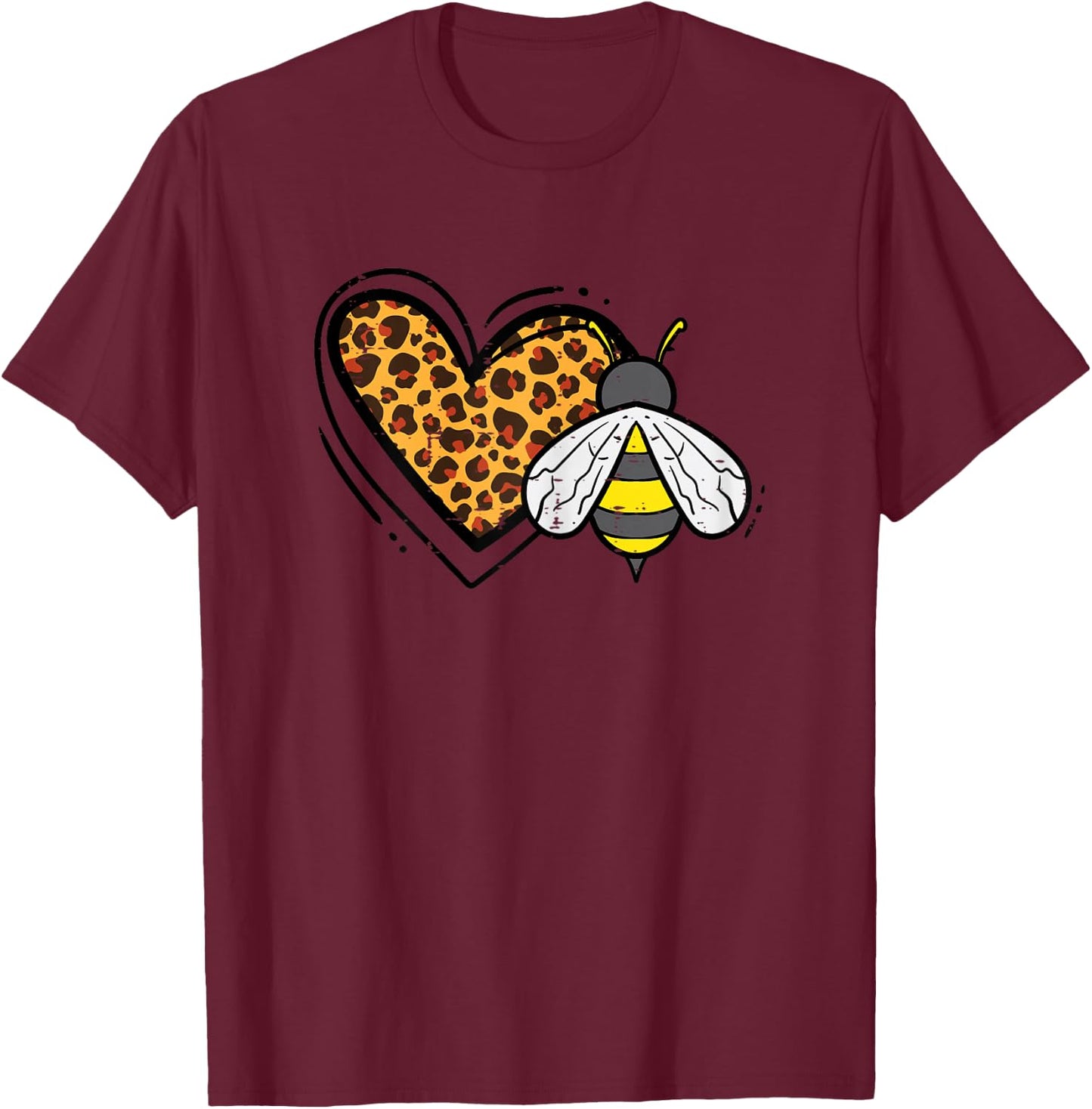 Leopard Print Heart Bee Cute Love Bumblebee Men Women Kids T-Shirt - T-Shirt | Maroon