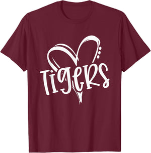 Tigers School Sports Fan Team Spirit Heart T-Shirt - T-Shirt | Maroon