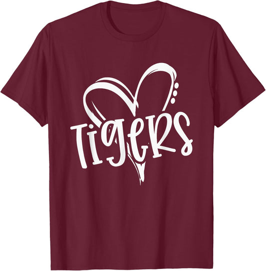 Tigers School Sports Fan Team Spirit Heart T-Shirt - T-Shirt | Maroon