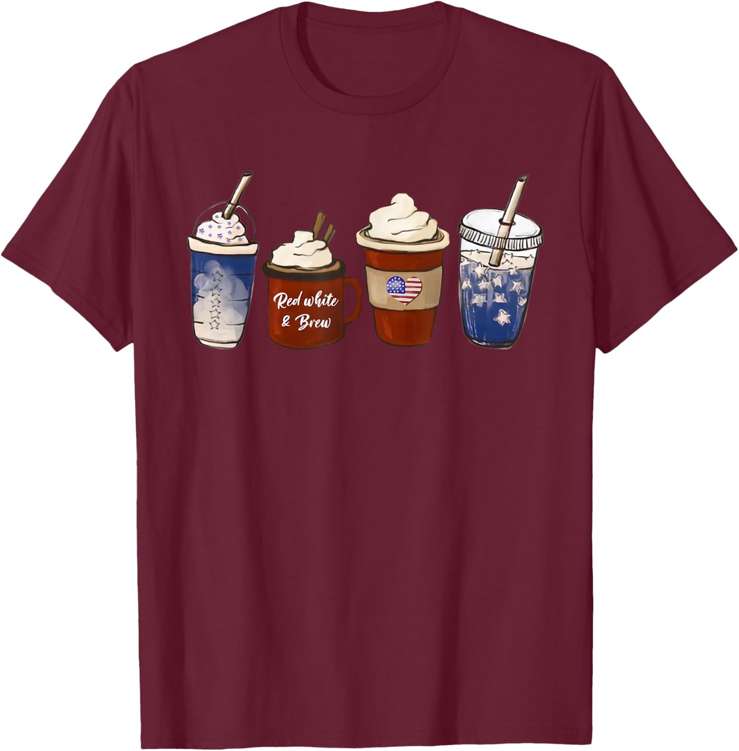 America Coffee 4th of July Red White Brew Latte Patriotic T-Shirt - T-Shirt | Maroon