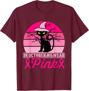 In October We Wear Pink Cat Breast Cancer Halloween T-Shirt - T-Shirt | Maroon