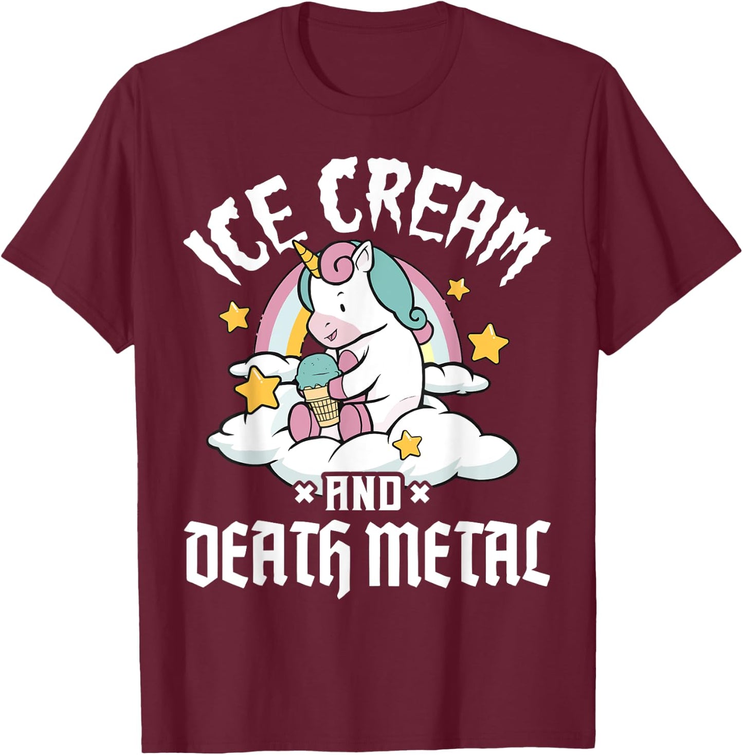 Unicorn Retro Rainbow Heavy Metal Ice Cream And Death Metal Men Women Girls Kids T-Shirt - T-Shirt | Maroon