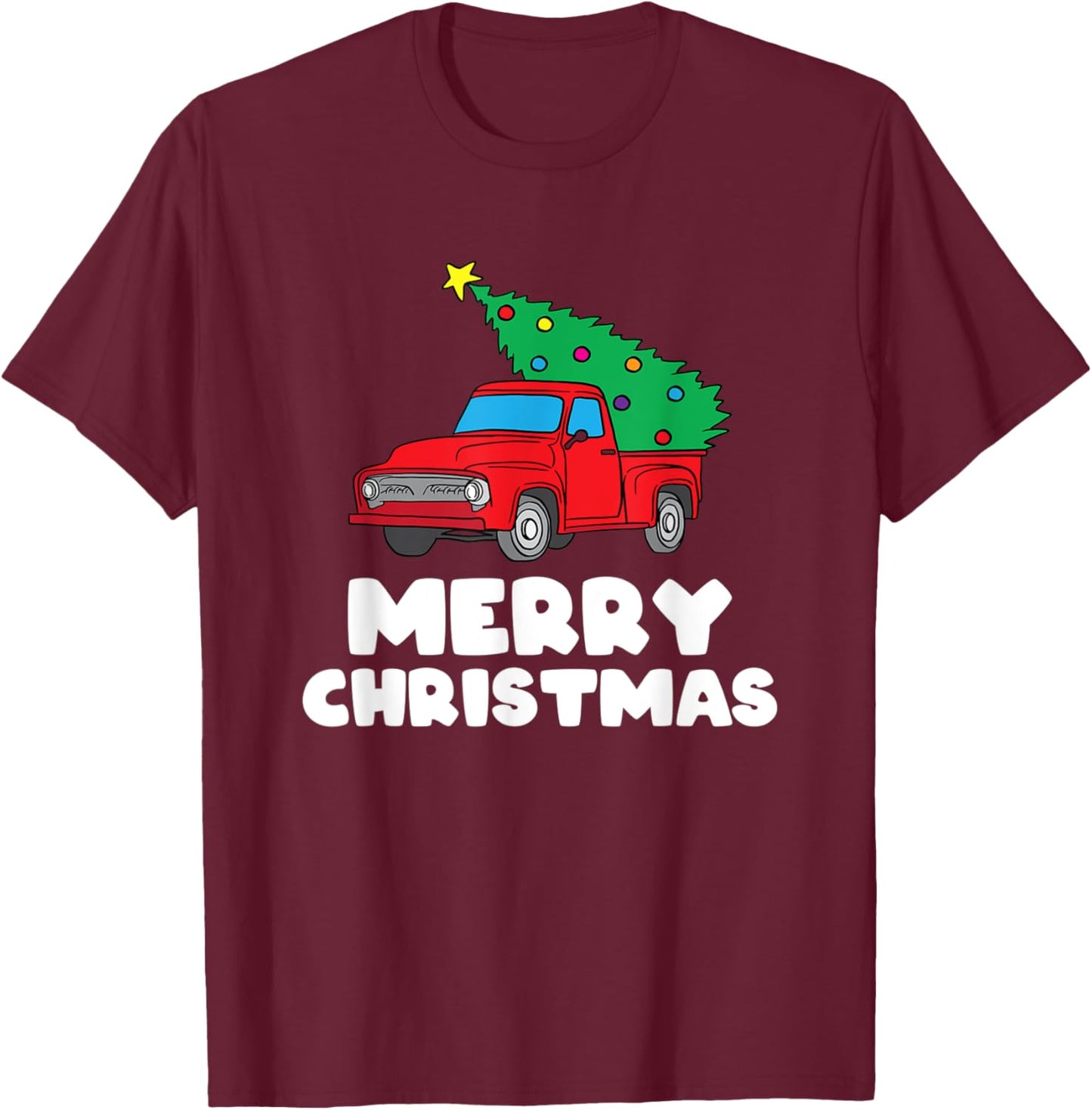 Vintage Wagon Christmas Red Truck Tree on Car Xmas Vacation T-Shirt - T-Shirt | Maroon