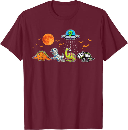Pumpkin UFO Alien Dinosaur T Rex Halloween Kids T-Shirt - T-Shirt | Maroon
