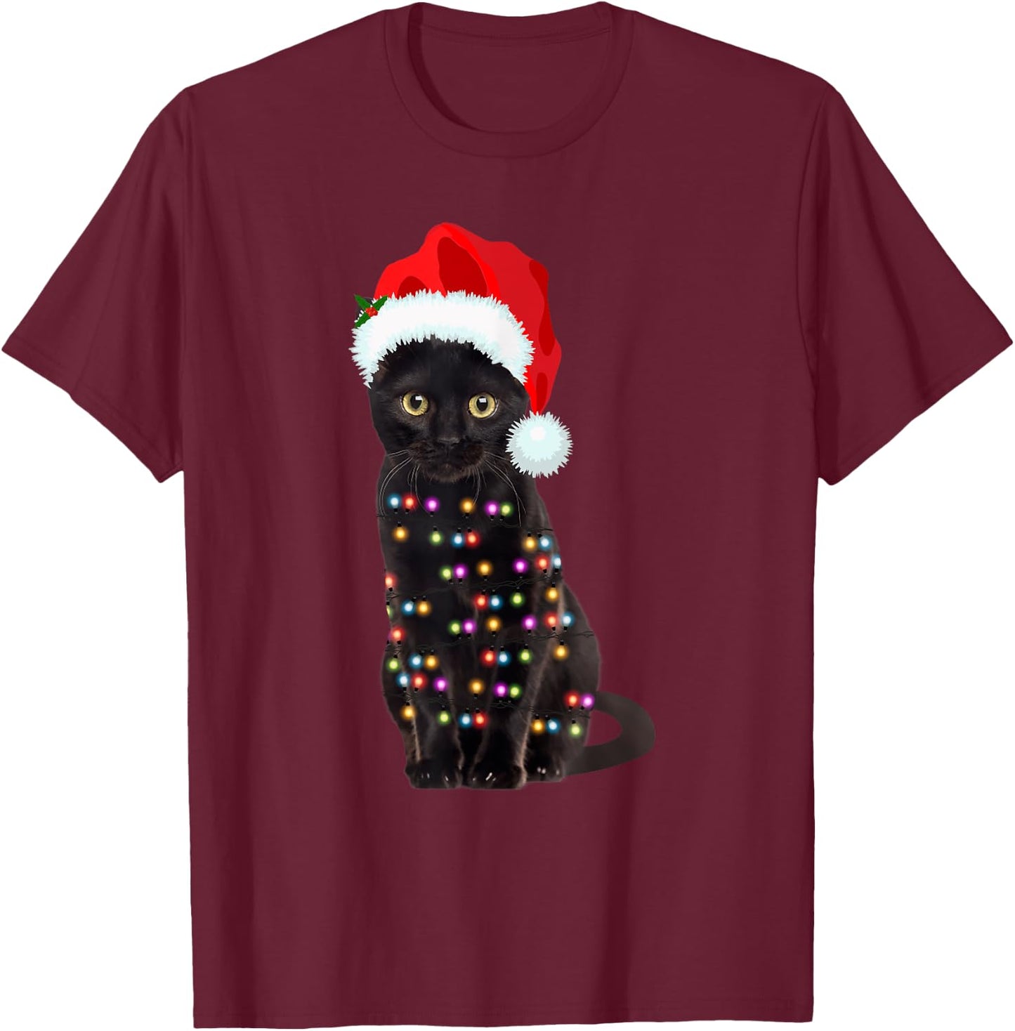 Black Cat Christmas lights Cat Lover Christmas T-Shirt - T-Shirt | Maroon