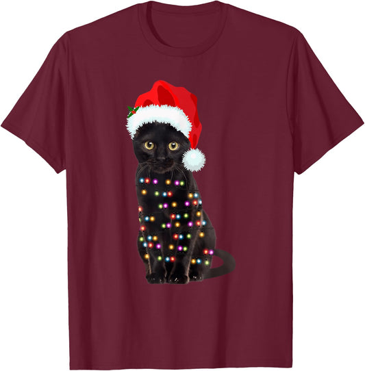 Black Cat Christmas lights Cat Lover Christmas T-Shirt - T-Shirt | Maroon