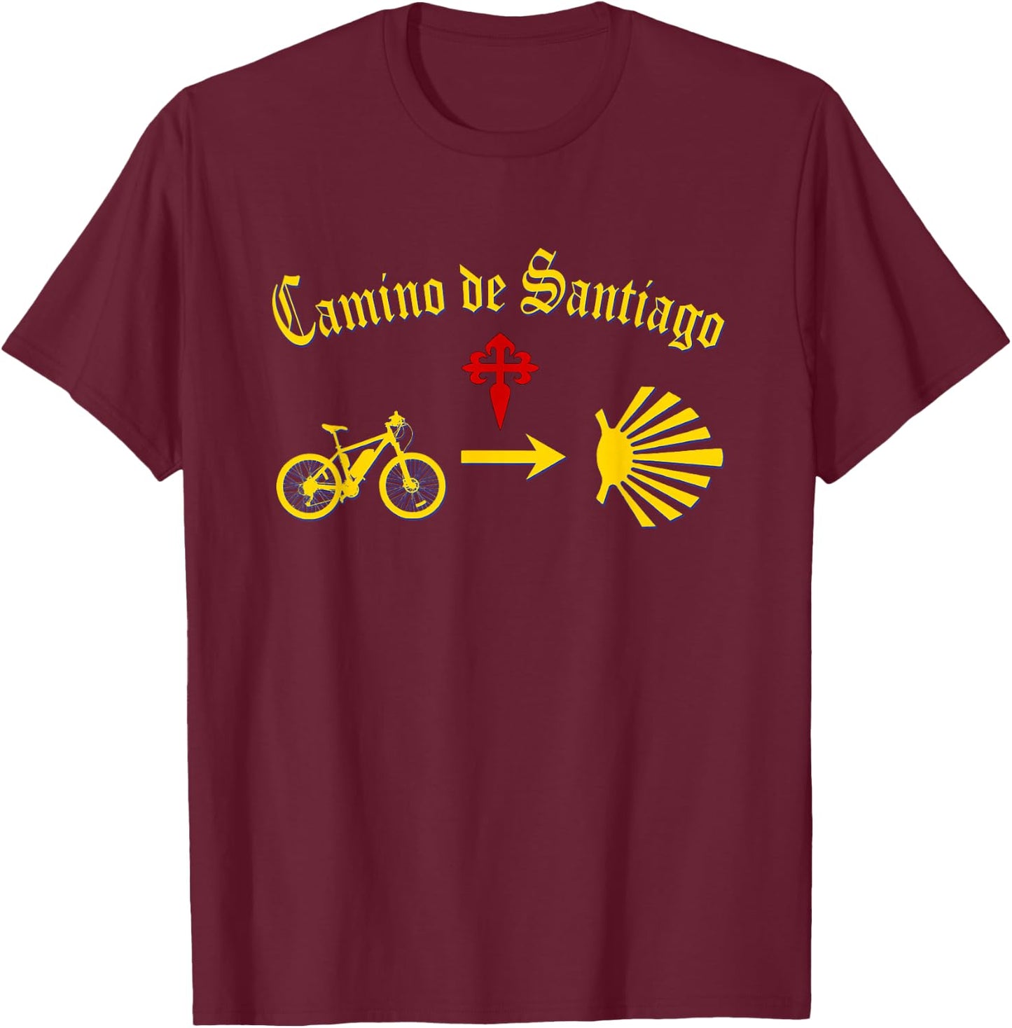 Camino de Santiago Mountain Bike Yellow Arrow Scallop Cross T-Shirt - T-Shirt | Maroon