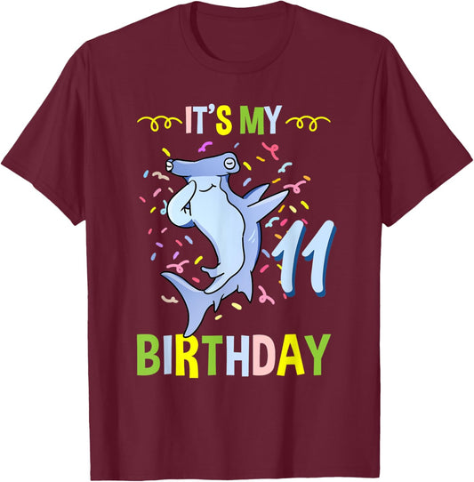 Its My 11th Birthday Hammerhead Shark T-Shirt - T-Shirt | Maroon