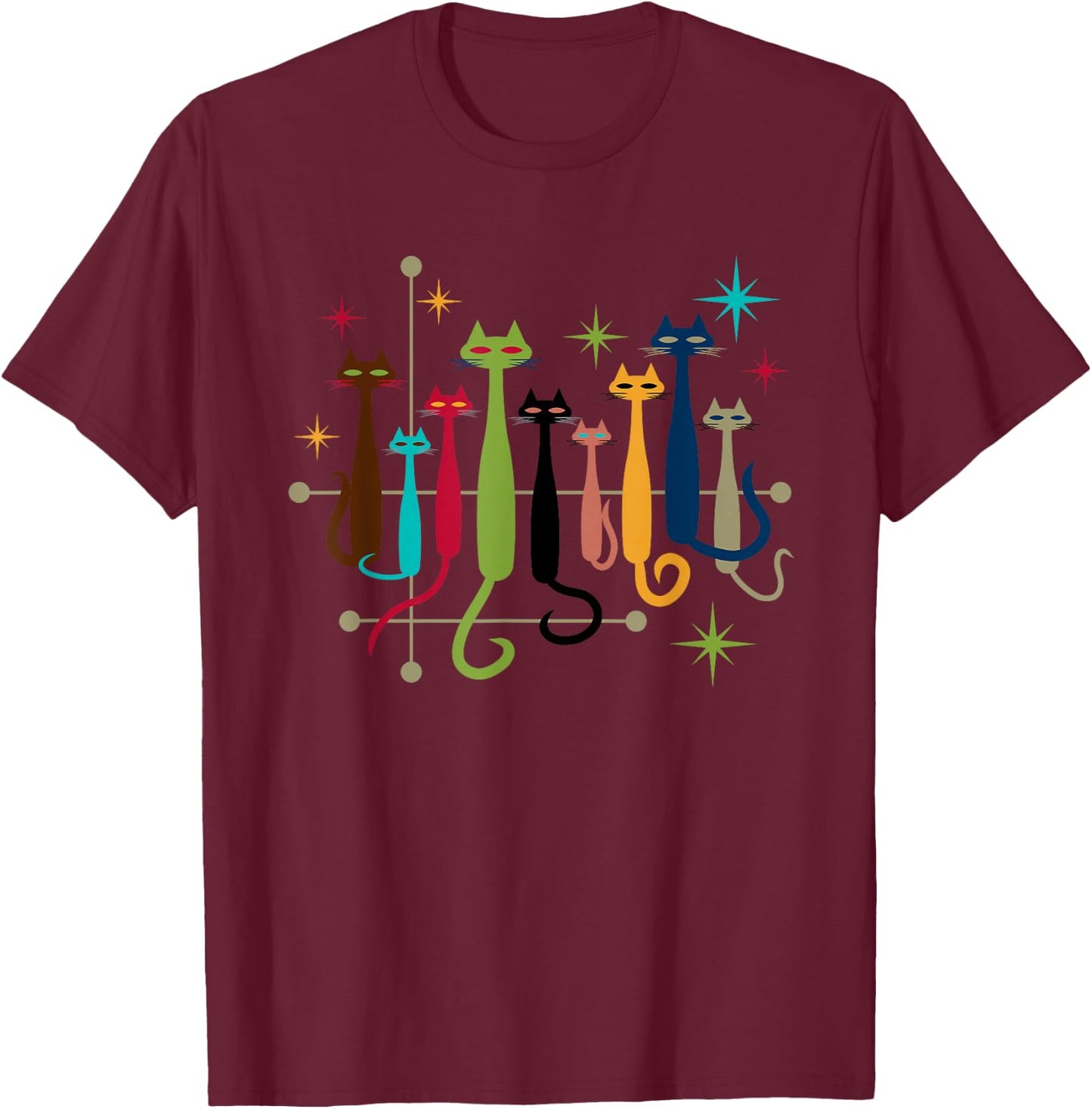 Vintage Retro Mid-Century Modern Look Cats 50s 60s Style T-Shirt - T-Shirt | Maroon