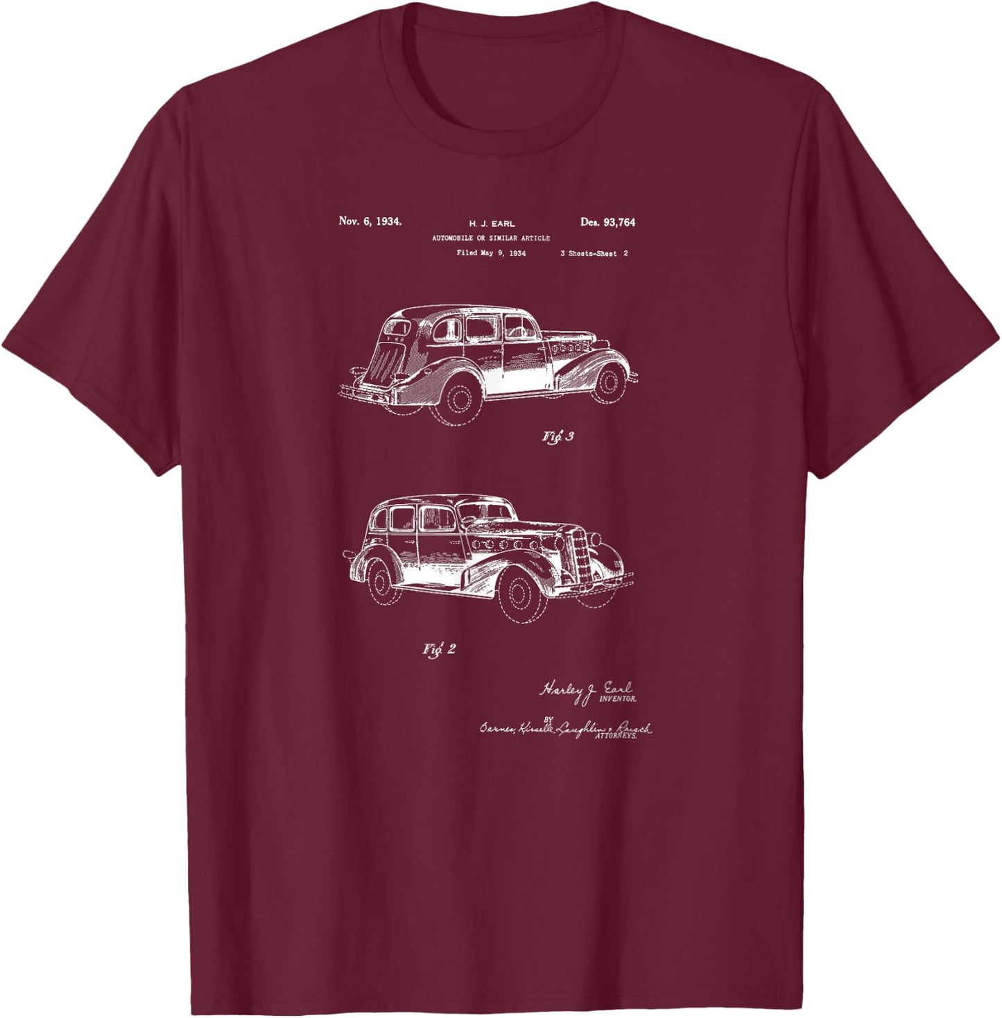 Vintage Patent Print 1934 Classic Car T-Shirt - T-Shirt | Maroon