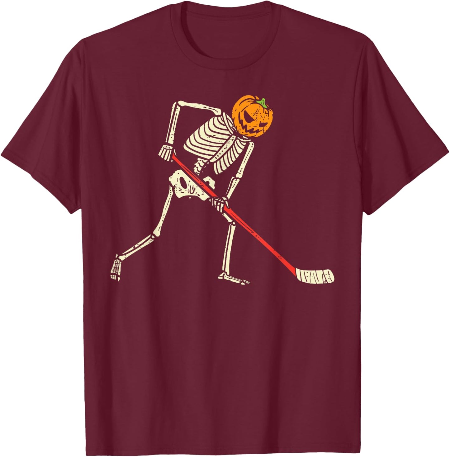 Pumpkin Skeleton Ice Hockey Funny Halloween Sports Player T-Shirt - T-Shirt | Maroon