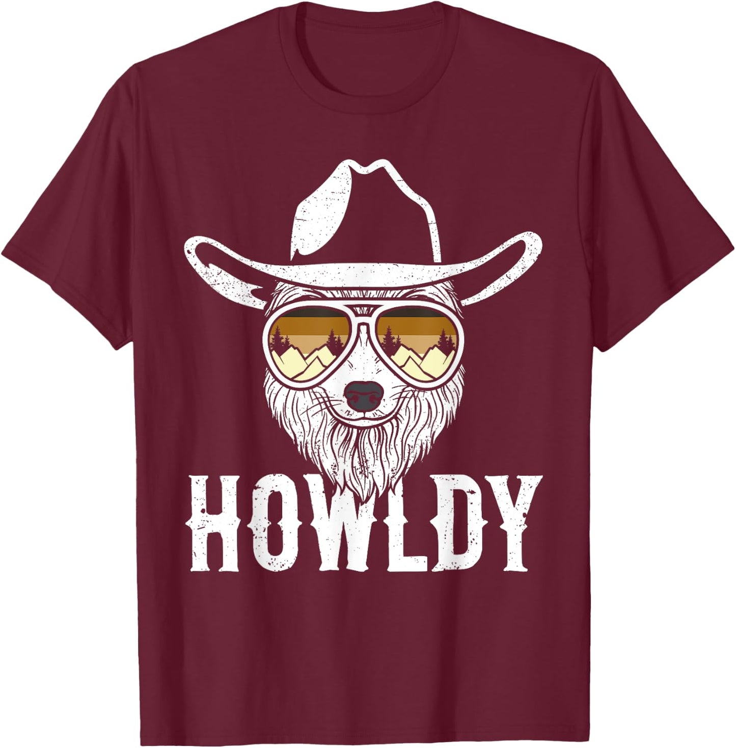 Howldy Retro Cowboy Wolf With Cowboy Hat Wolf Men Boys T-Shirt - T-Shirt | Maroon