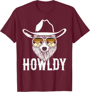 Howldy Retro Cowboy Wolf With Cowboy Hat Wolf Men Boys T-Shirt - T-Shirt | Maroon