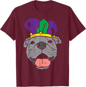 Jester Pitbull Face Mardi Gras Pittie Dog Men Women Kids T-Shirt - T-Shirt | Maroon
