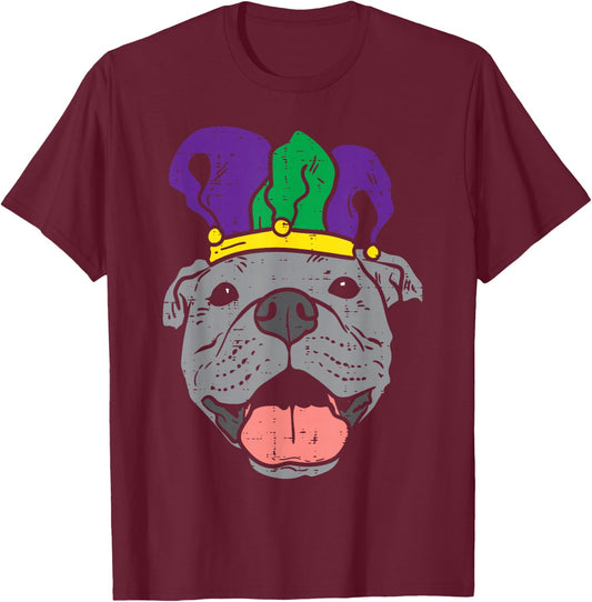Jester Pitbull Face Mardi Gras Pittie Dog Men Women Kids T-Shirt - T-Shirt | Maroon
