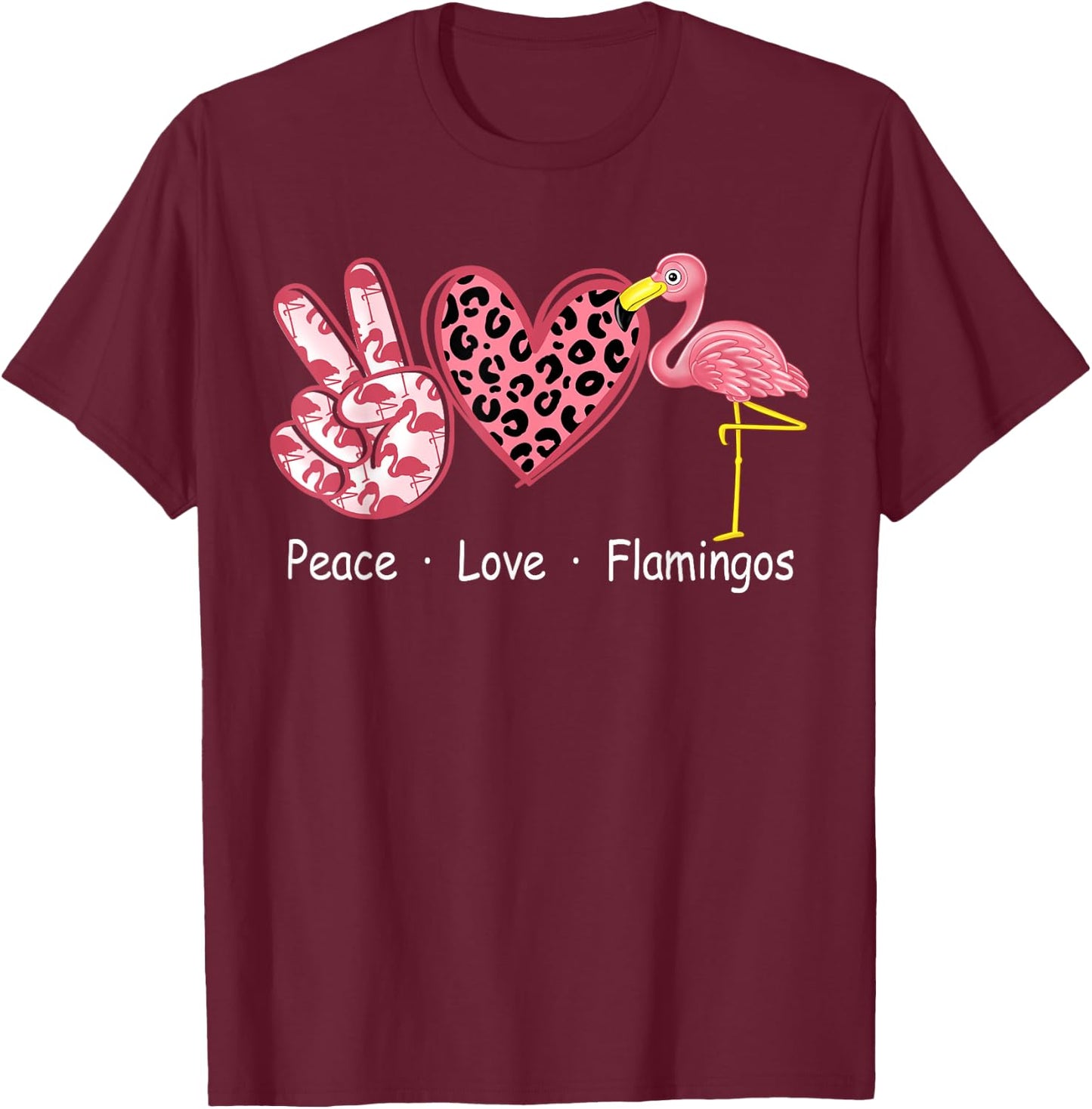 Peace Love Heart Pink Flamingos Cheetah Leopard Women Girl T-Shirt - T-Shirt | Maroon