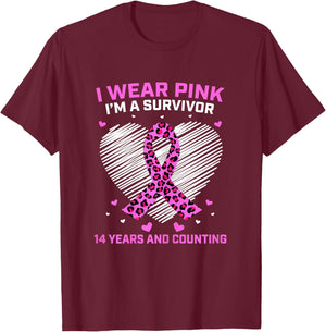 14 Years Breast Cancer Survivor Pink Cheetah Print Awareness T-Shirt - T-Shirt | Maroon