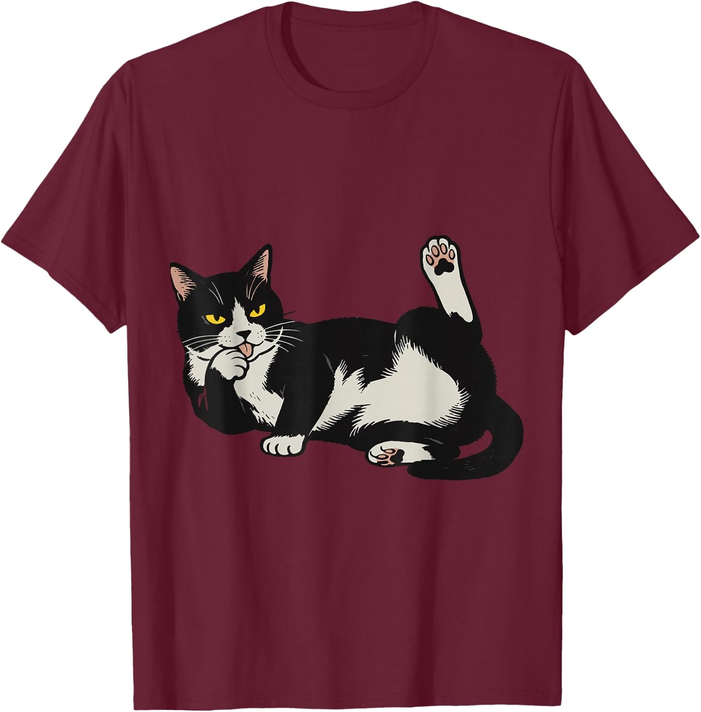 Funny Tuxedo Cat Licking Paw Cute Lazy Feline Graphic T-Shirt - T-Shirt | Maroon