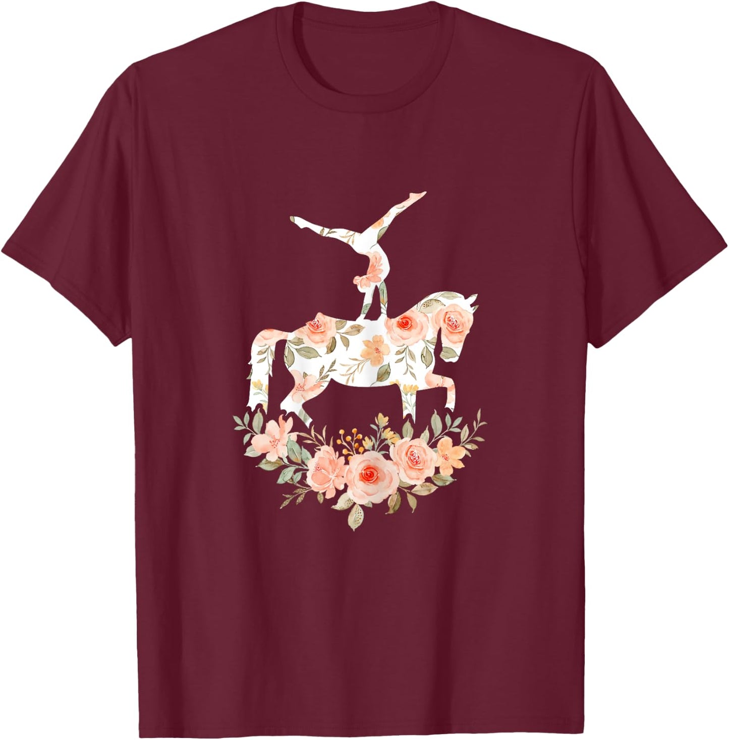 Floral Girl Vaulting Riding Equestrian Horse Girl Horseback T-Shirt - T-Shirt | Maroon