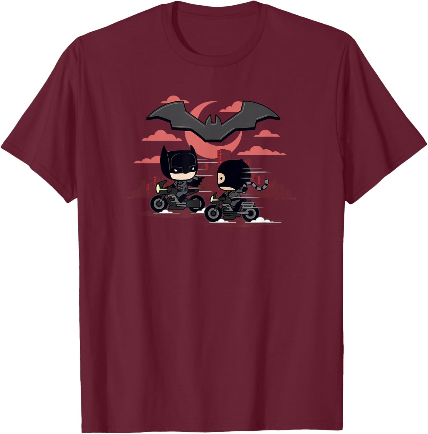 The Batman Catwoman And Batman Chibi Motorcycles Logo T-Shirt - T-Shirt | Maroon