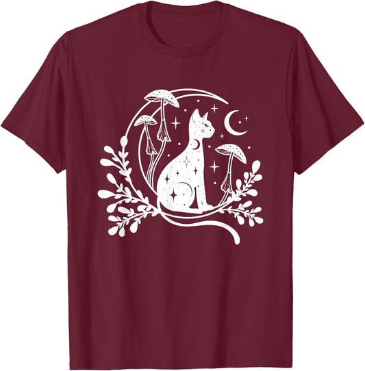 Cottage Core Cottagecore Mushroom Cat Moon Aesthetic Graphic T-Shirt - T-Shirt | Maroon