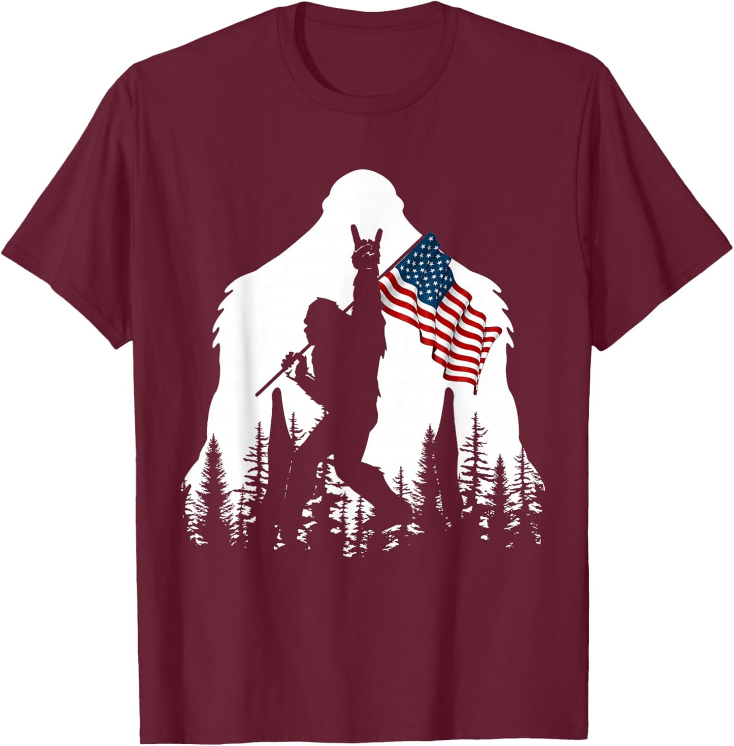 Bigfoot Rock On Hold American Flag Sasquatch Believers T-Shirt - T-Shirt | Maroon