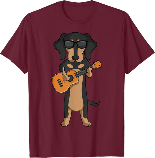 Dachshund Dog Playing Ukulele Guitar Men Women Girls Kids T-Shirt - T-Shirt | Maroon