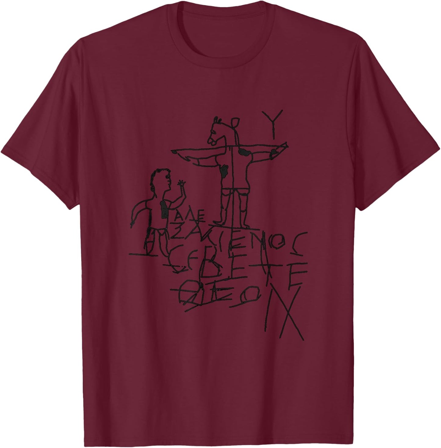 Ancient Greece, Rome, Egypt, Gold, and Treasure - -Adults - Grey - Small - Short Sleeve - - Historical Graffiti - Alexamenos Graffiti - Graffito - Roman - Jesus - Christian T-Shirt - T-Shirt | Maroon