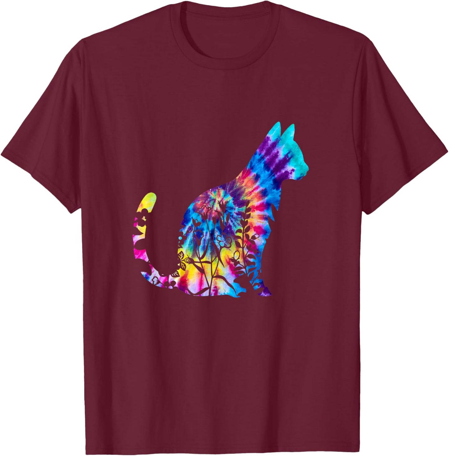 Cute Cat Tie Dye Cat Floral Cool Cat Lover T-Shirt - T-Shirt | Maroon