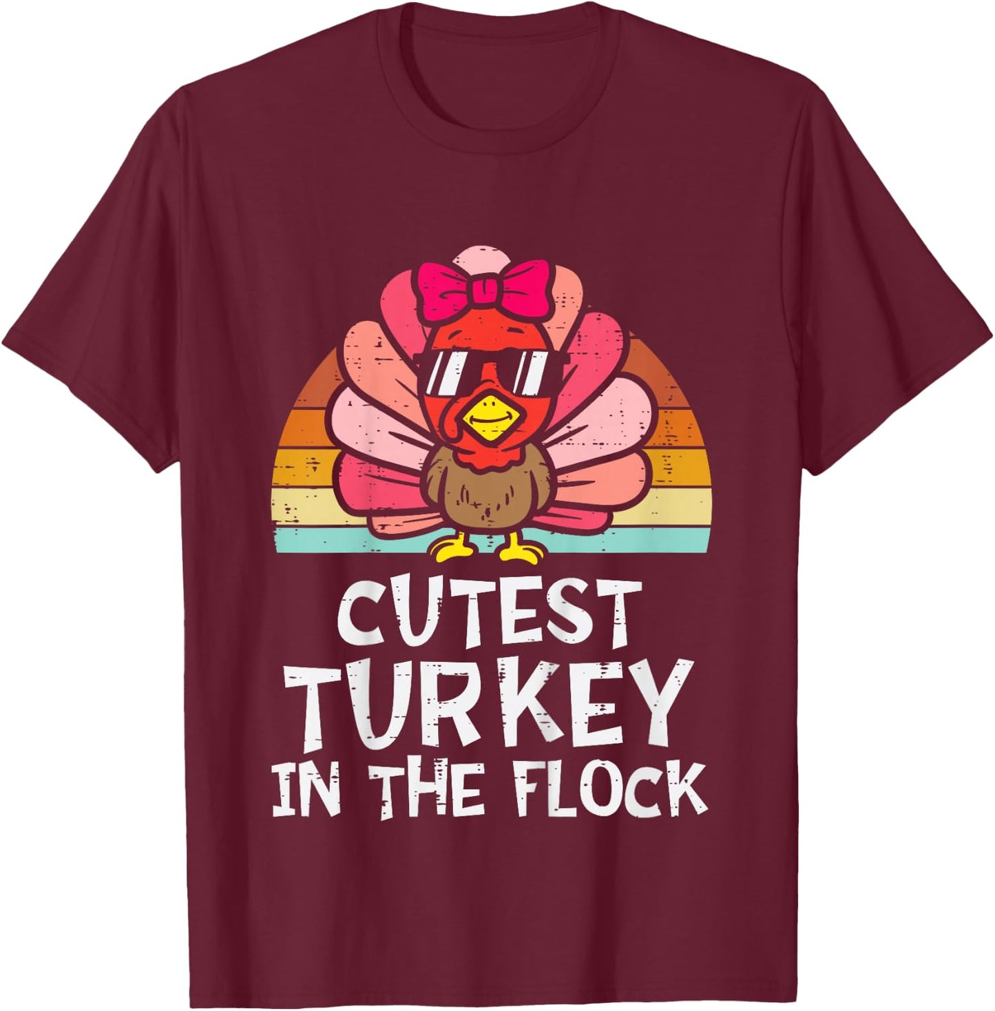 Cutest Turkey In The Flock Retro Toddler Girls Thanksgiving T-Shirt - T-Shirt | Maroon