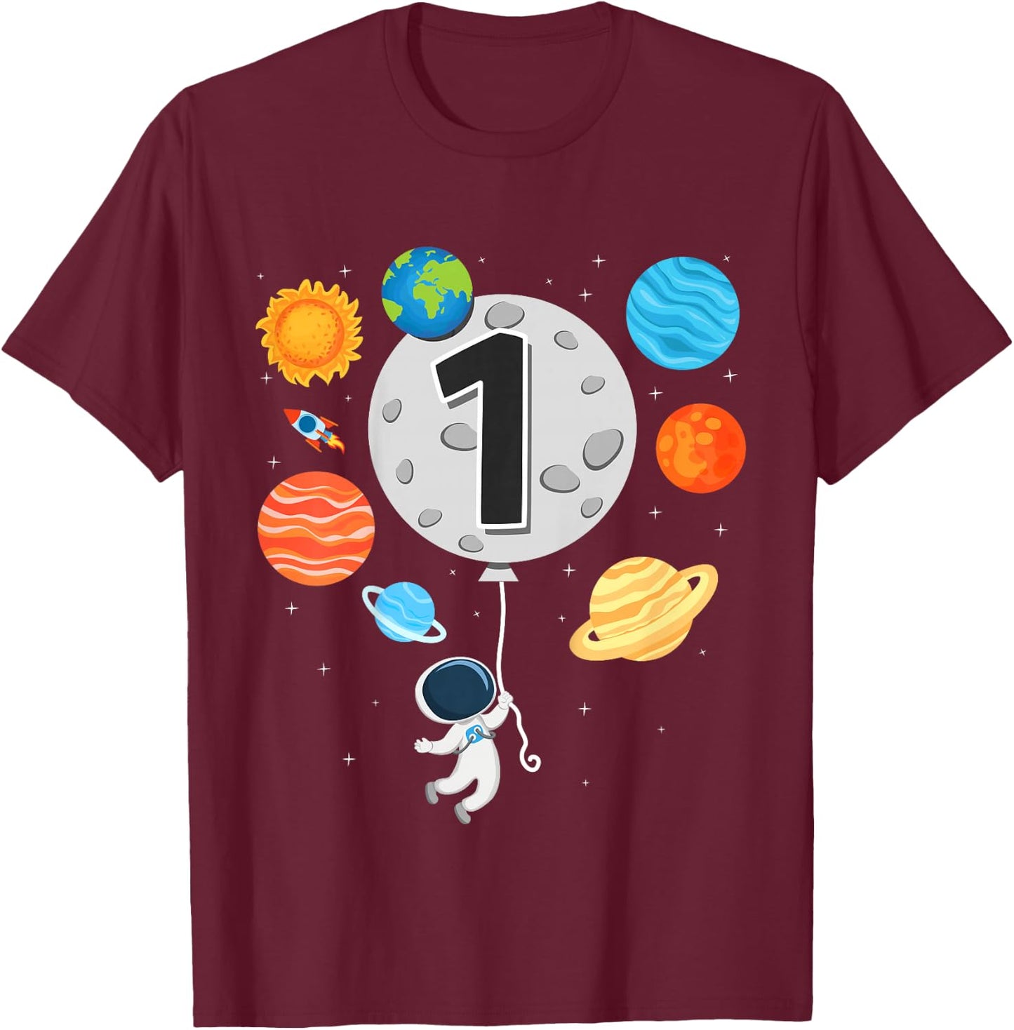 Kids 1st Birthday Astronaut Balloon Planet 1 Year Old Boy T-Shirt - T-Shirt | Maroon
