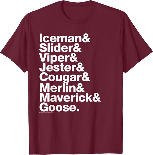 Top Gun List of Pilot Names White Text Action Movie T-Shirt - T-Shirt | Maroon