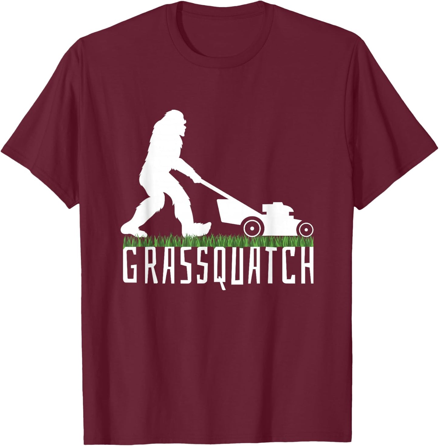 Funny Lawn Mowing Sasquatch Grassquatch Bigfoot Lawn Mower T-Shirt - T-Shirt | Maroon