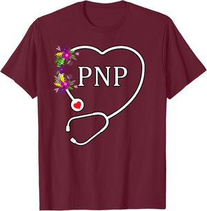 Floral Heart Stethoscope PNP Pediatric Nurse Practitioner T-Shirt - T-Shirt | Maroon