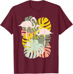 Monstera Leaves And Flamingo Art T-Shirt - T-Shirt | Maroon