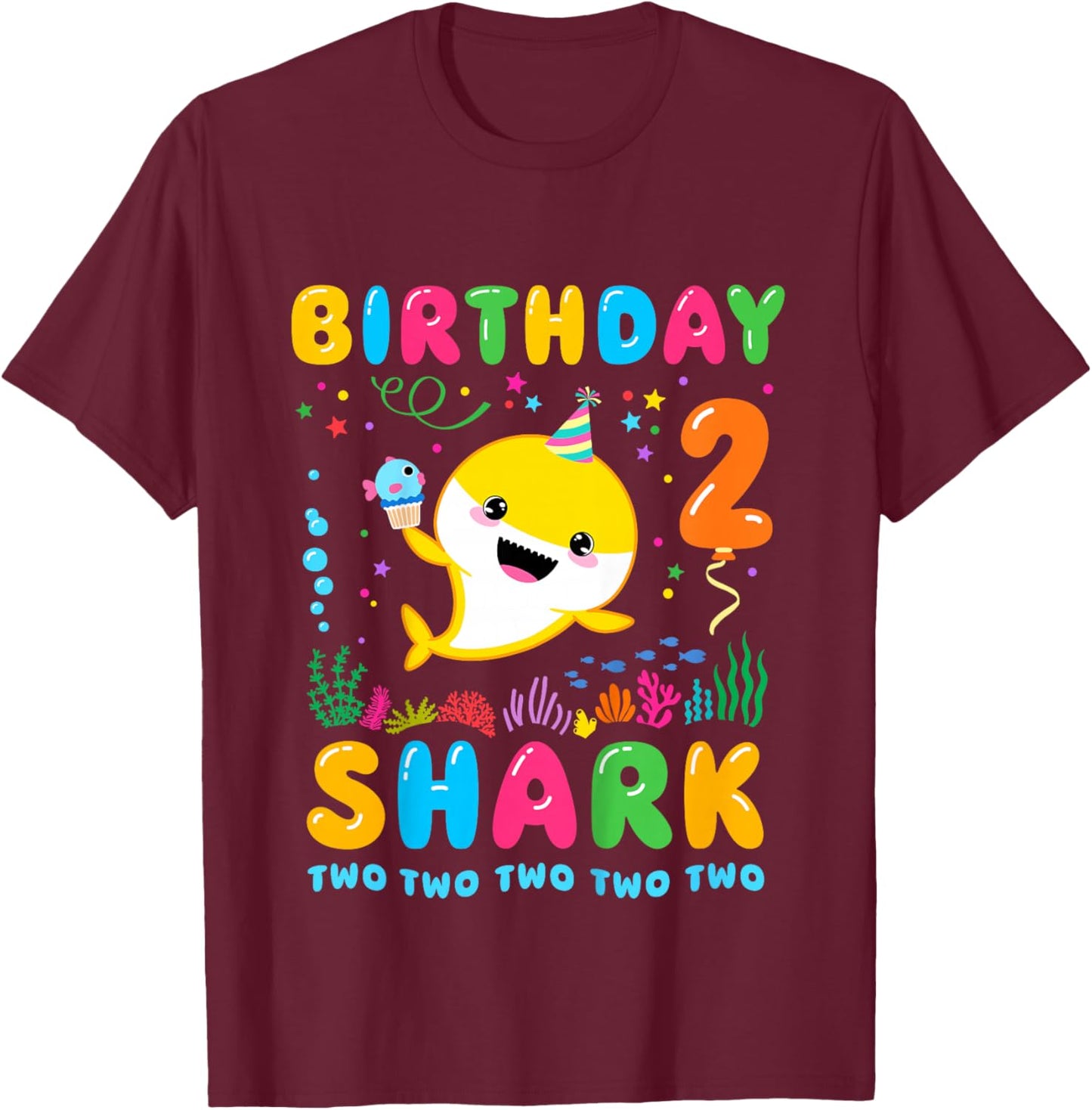 Birthday Shark 2 Year Old Boy or Girl 2nd Bday Kawaii T-Shirt - T-Shirt | Maroon