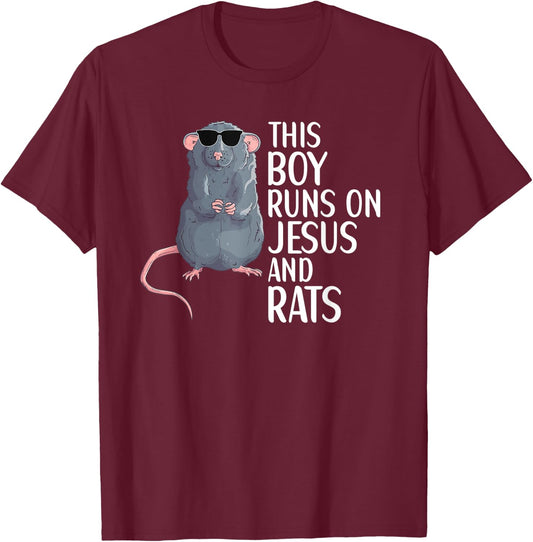 This Boy Runs On Jesus And Rats Funny Rat Lover Apparel T-Shirt - T-Shirt | Maroon
