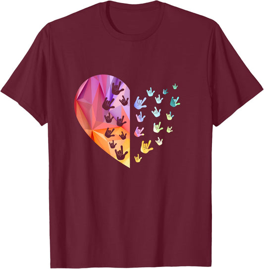 Sign Language Heart - ASL for Deaf Gift, Teacher T-Shirt - T-Shirt | Maroon