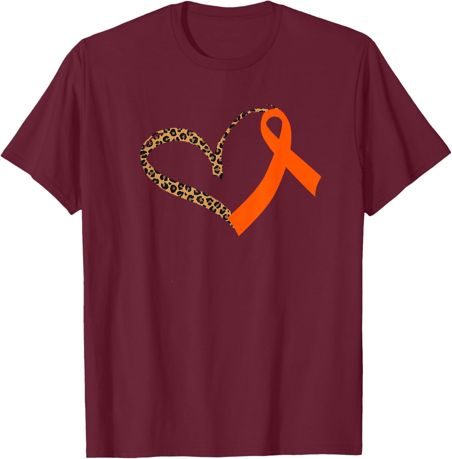 Leukemia Awareness Cancer Leopard Print Heart Orange Ribbon T-Shirt - T-Shirt | Maroon