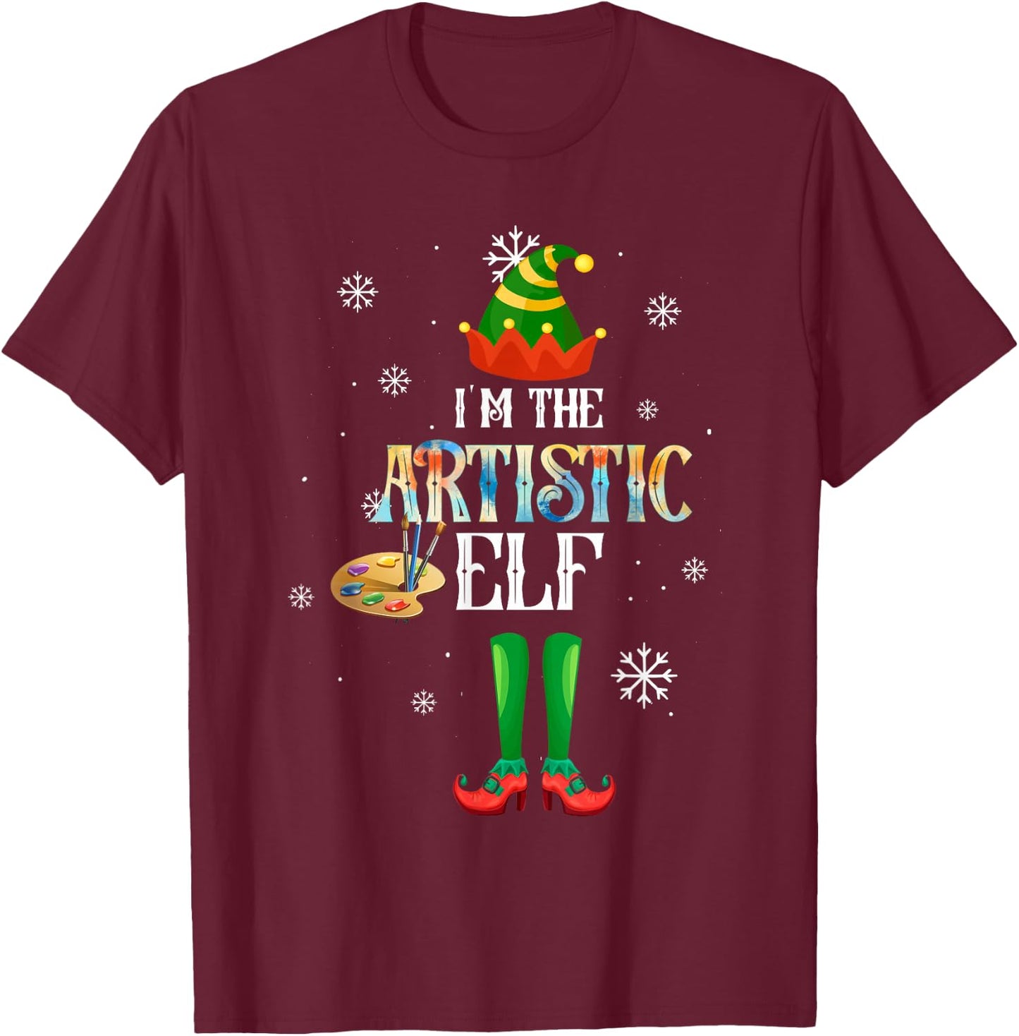 The Artistic Elf Squad Elf Family Christmas Pajamas Art T-Shirt - T-Shirt | Maroon