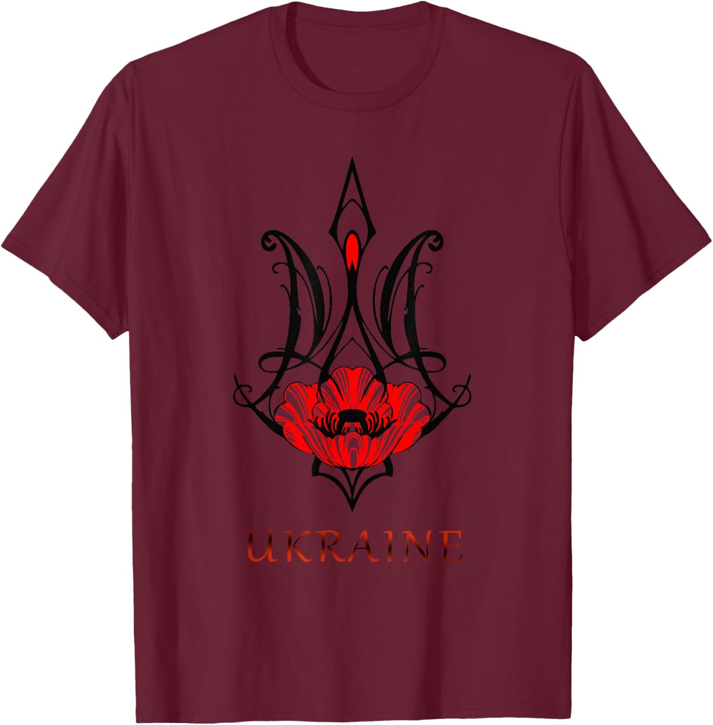 Ukraine Black Coat Arms with Poppy Trident Tryzub Ukrainian T-Shirt - T-Shirt | Maroon