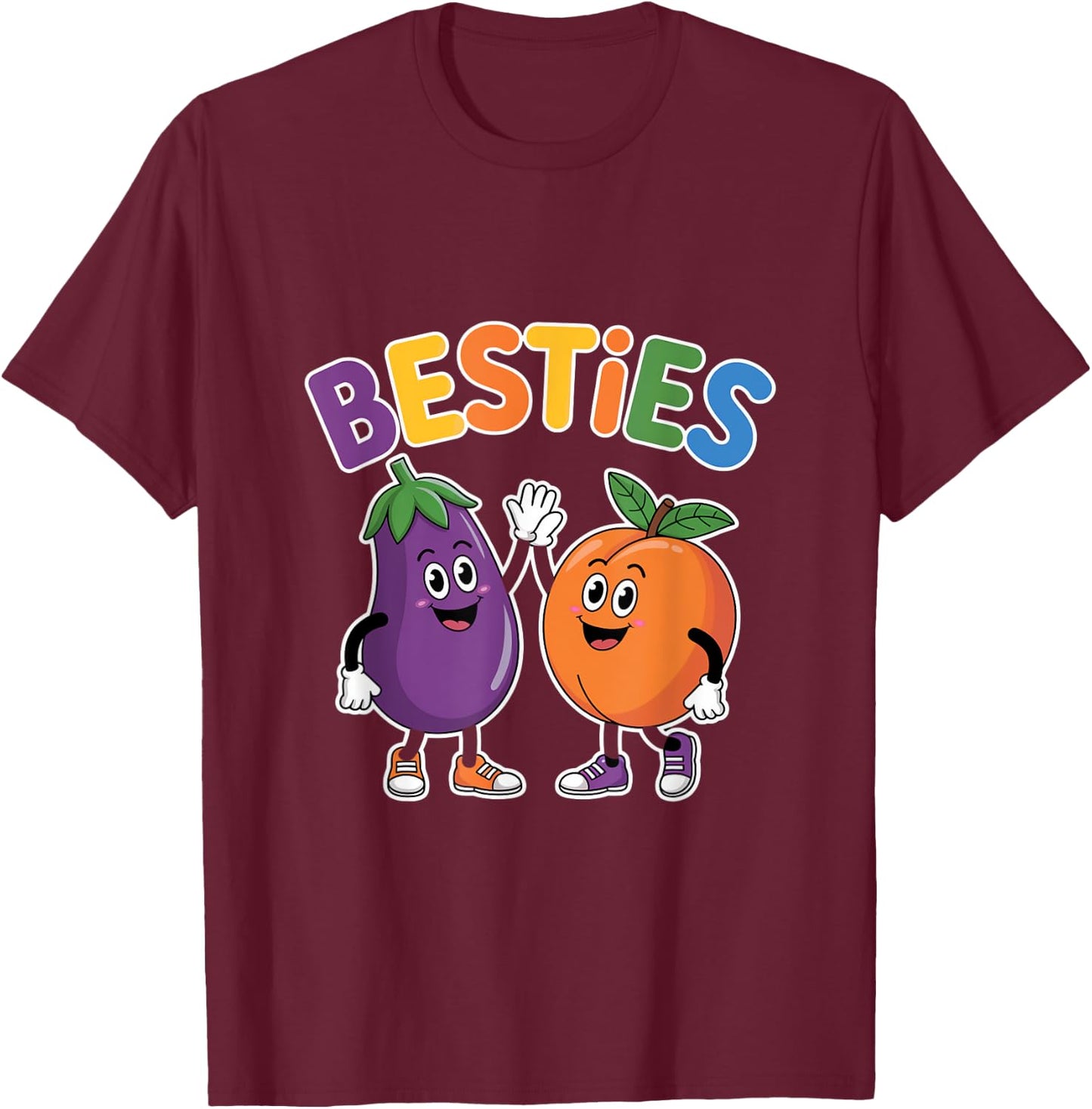 Besties Eggplant And Peach Cartoon T-Shirt - T-Shirt | Maroon