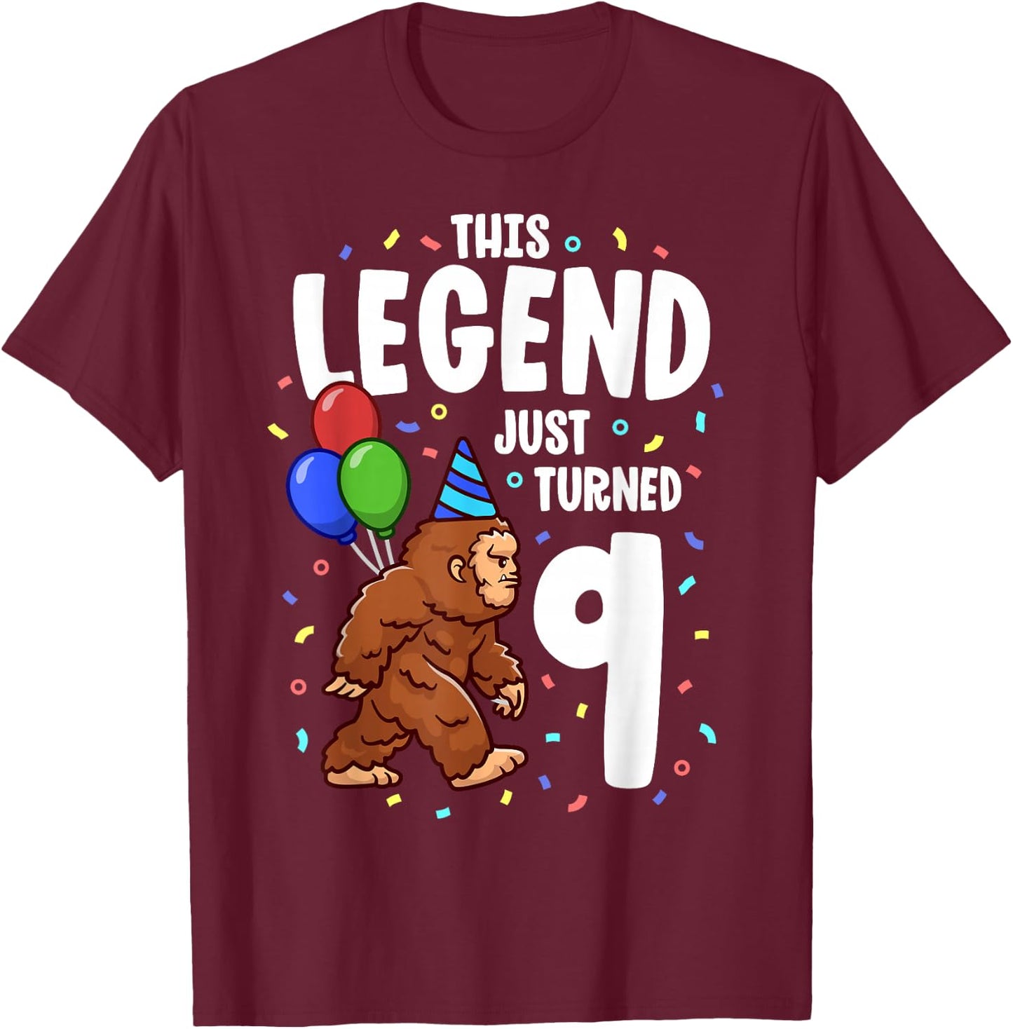 Bigfoot Birthday Party 9 Years Old Sasquatch Theme Boys T-Shirt - T-Shirt | Maroon