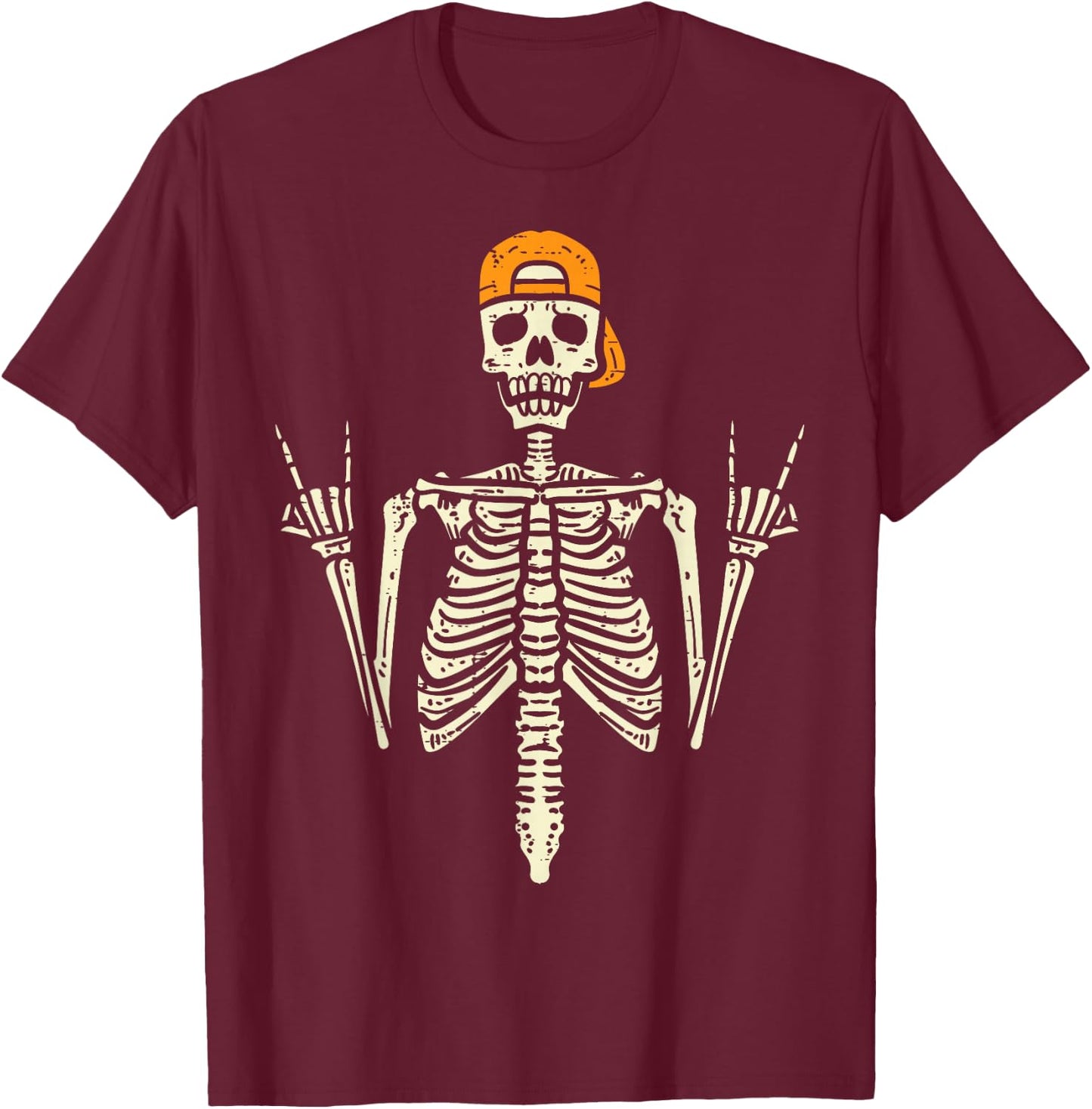 Rocker Skeleton Cap Skater Cool Halloween Punk Rock Men Boys T-Shirt - T-Shirt | Maroon