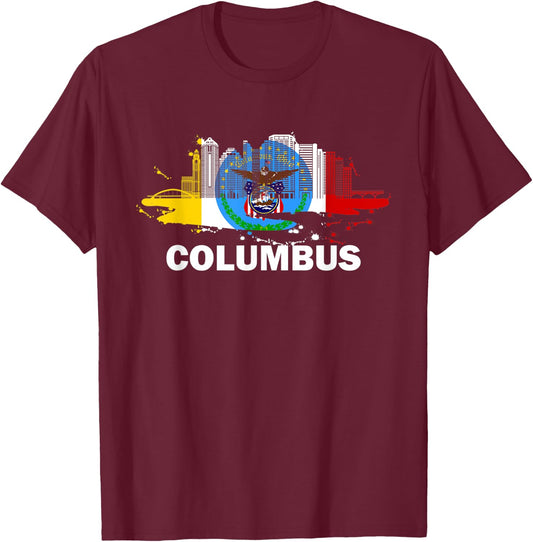 Columbus City Flag Downtown Skyline - Columbus Skyline T-Shirt - T-Shirt | Maroon