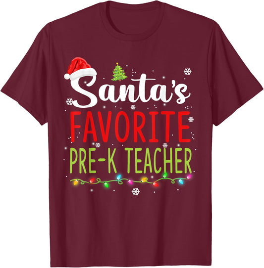 Santa's Favorite Pre-K Teacher Christmas Santa Hat Lights Women Kids T-Shirt - T-Shirt | Maroon